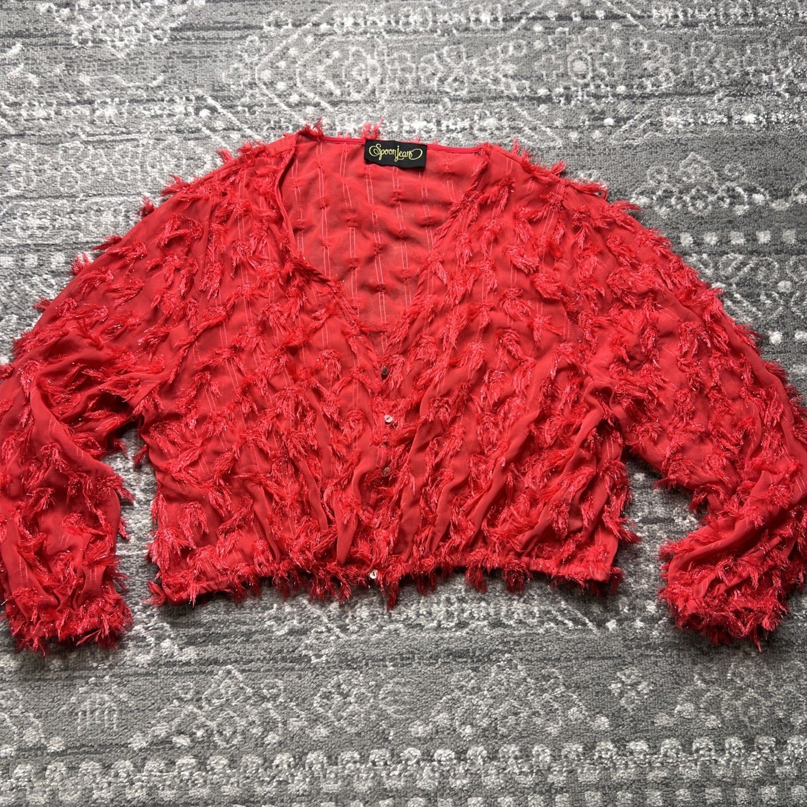 Spoon Jeans Brand Cropped Sheer Eyelash Feathered Red Blouse Cardigan Size 2x